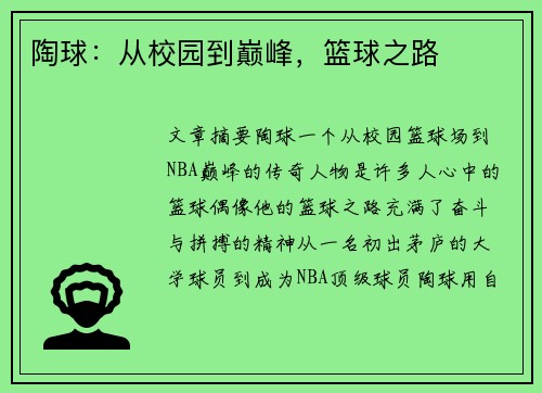 陶球：从校园到巅峰，篮球之路